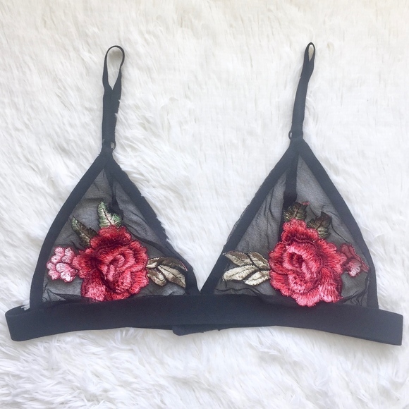 Black Floral Applique Sheer Mesh Bralette - Picture 3 of 6